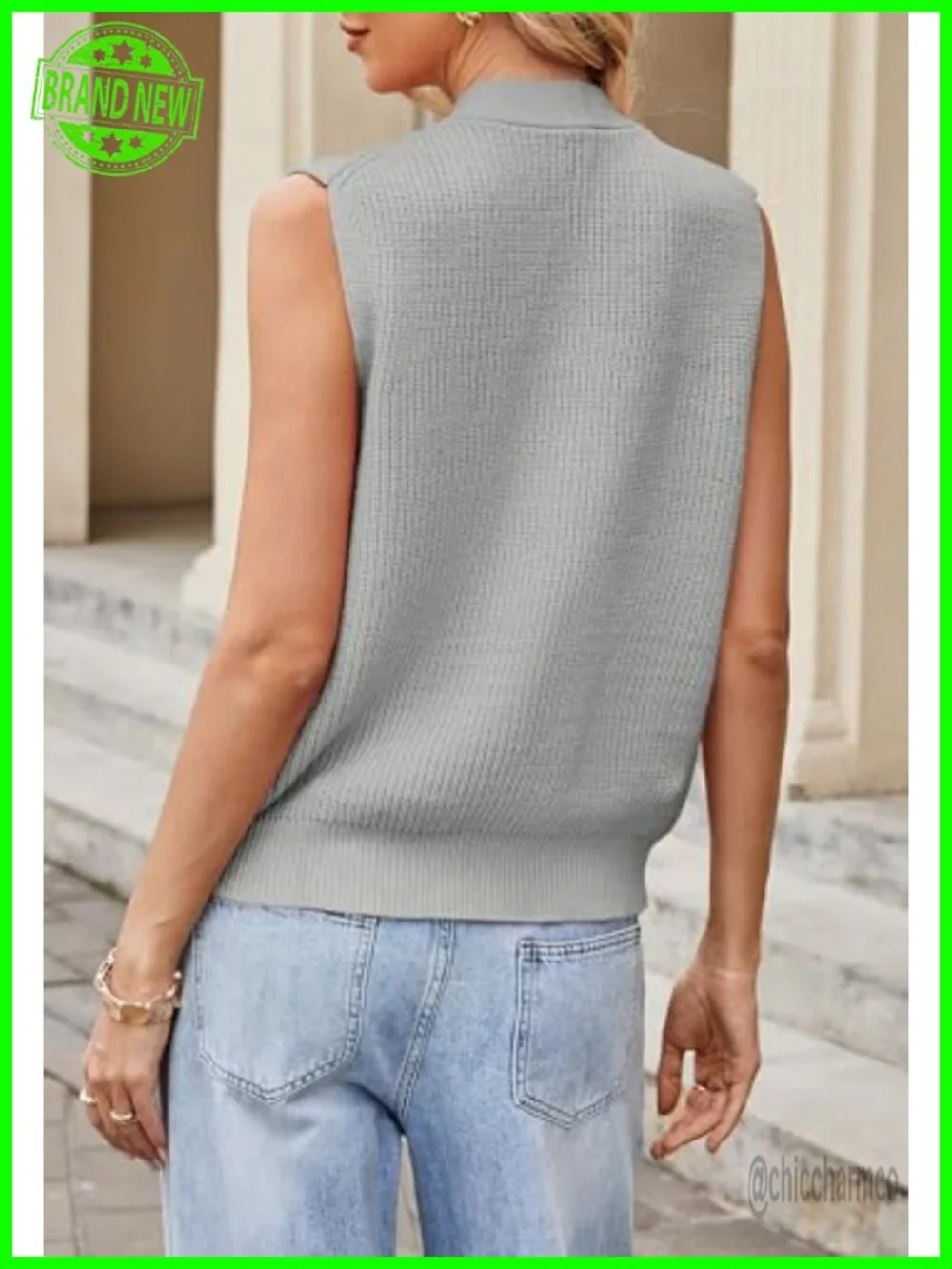 Sleeveless Knit Sweater Vest Gold Buttons V-Neck
